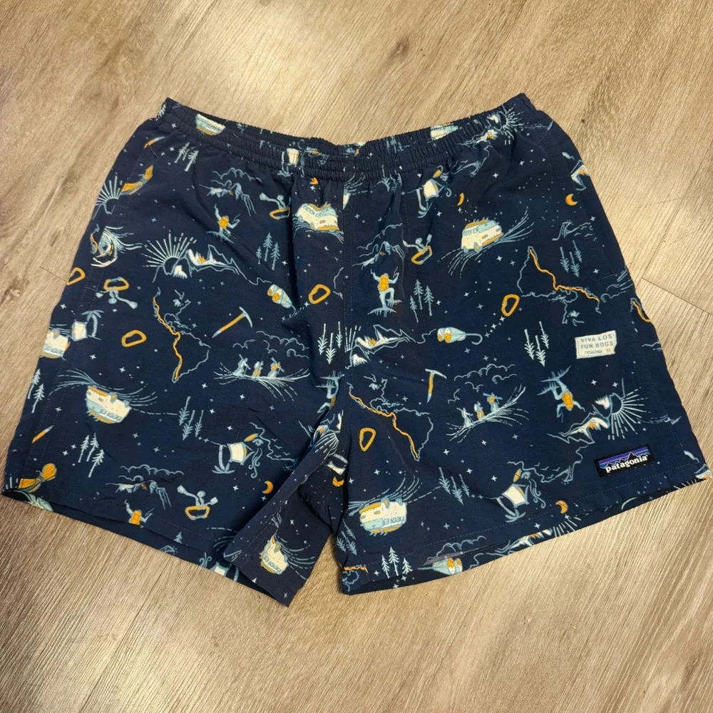 Patagonia Baggies Lights Shorts Mens Medium Navy Viva Los Fun Hogs Print 4
